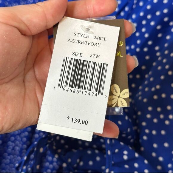 BNWT Taylor Blue Ivory Polka Dot V-Neck Elbow Tie Sleeve Smocked Maxi Dress 22W - Picture 11 of 12